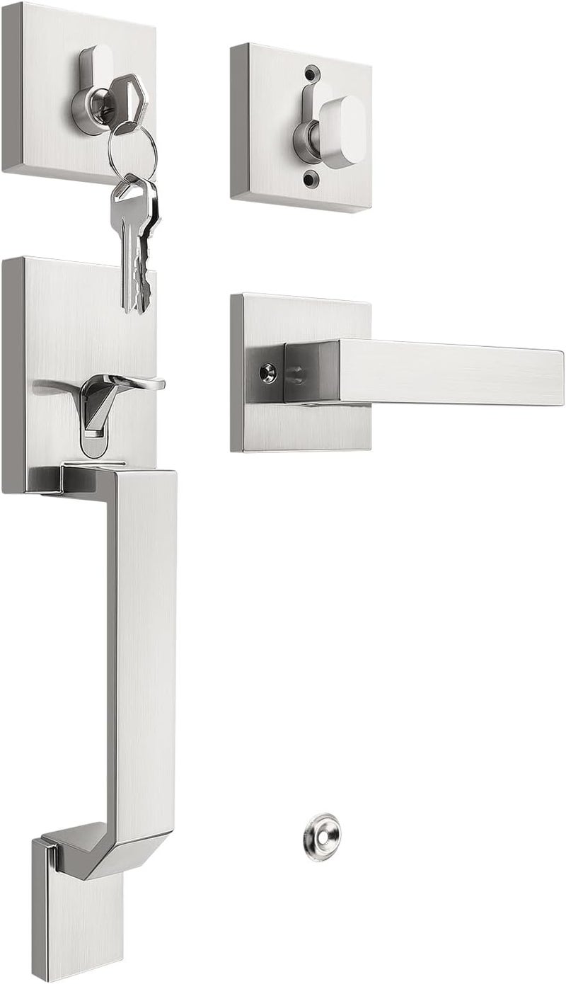 Tinewa Satin Nickel Square Front Door Handle with Classic Door Lever and Single Cylinder Deadbolt, Upgrated Exterior Entry Door Lock, Reversible for Left & Right Handed 1 Pack - Image 1
